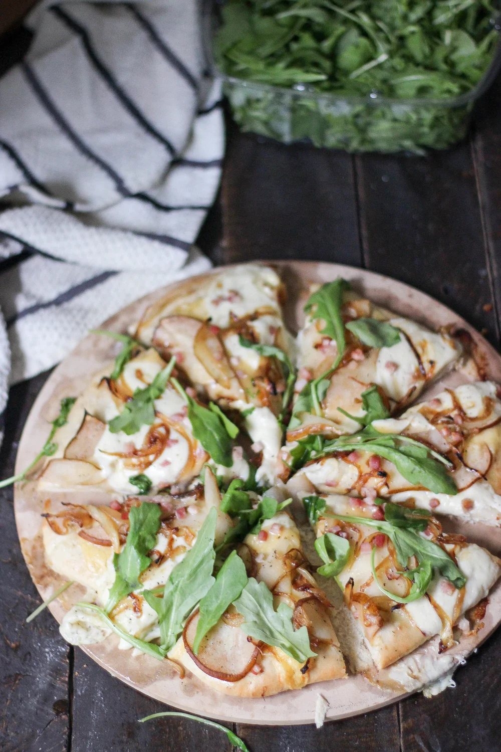 Pear, Pancetta, Caramelized Onions, and Arugula Pizza — Madeline Hall