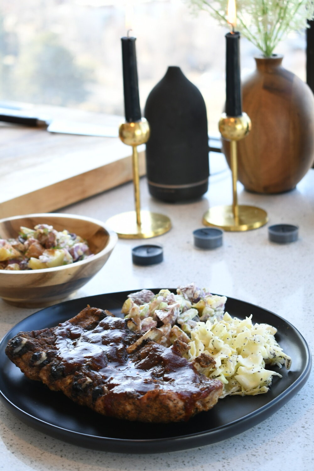 ribs coleslaw fingerling potato salad plate_Fairy Gutmother Carley Smith_Strohauer Farms_Super Bowl Guide.JPG