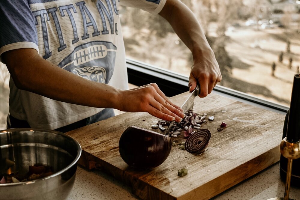 potato salad chopping onion_Fairy Gutmother Carley Smith_Strohaeur Farms_Super Bowl Guide.JPG