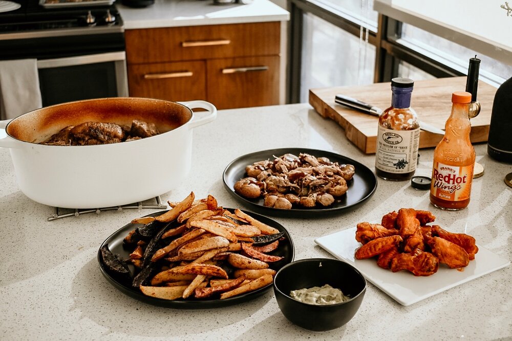 loaded smashies_oven roasted pork shoulder_bbq fingerling fries_wings_Strohauer Farms_Super Bowl Guide.JPG