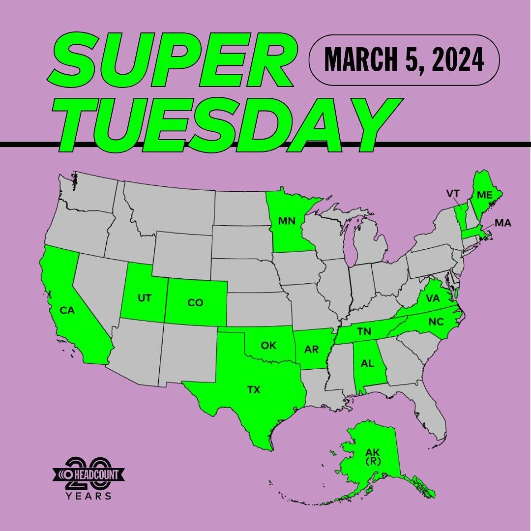 Happy #SuperTuesday! Today, 15 states are holding their presidential primaries. If you live in one of the states highlighted in green, head to HeadCount.org to find your state&rsquo;s election info and make sure you have your voice heard today🗳️