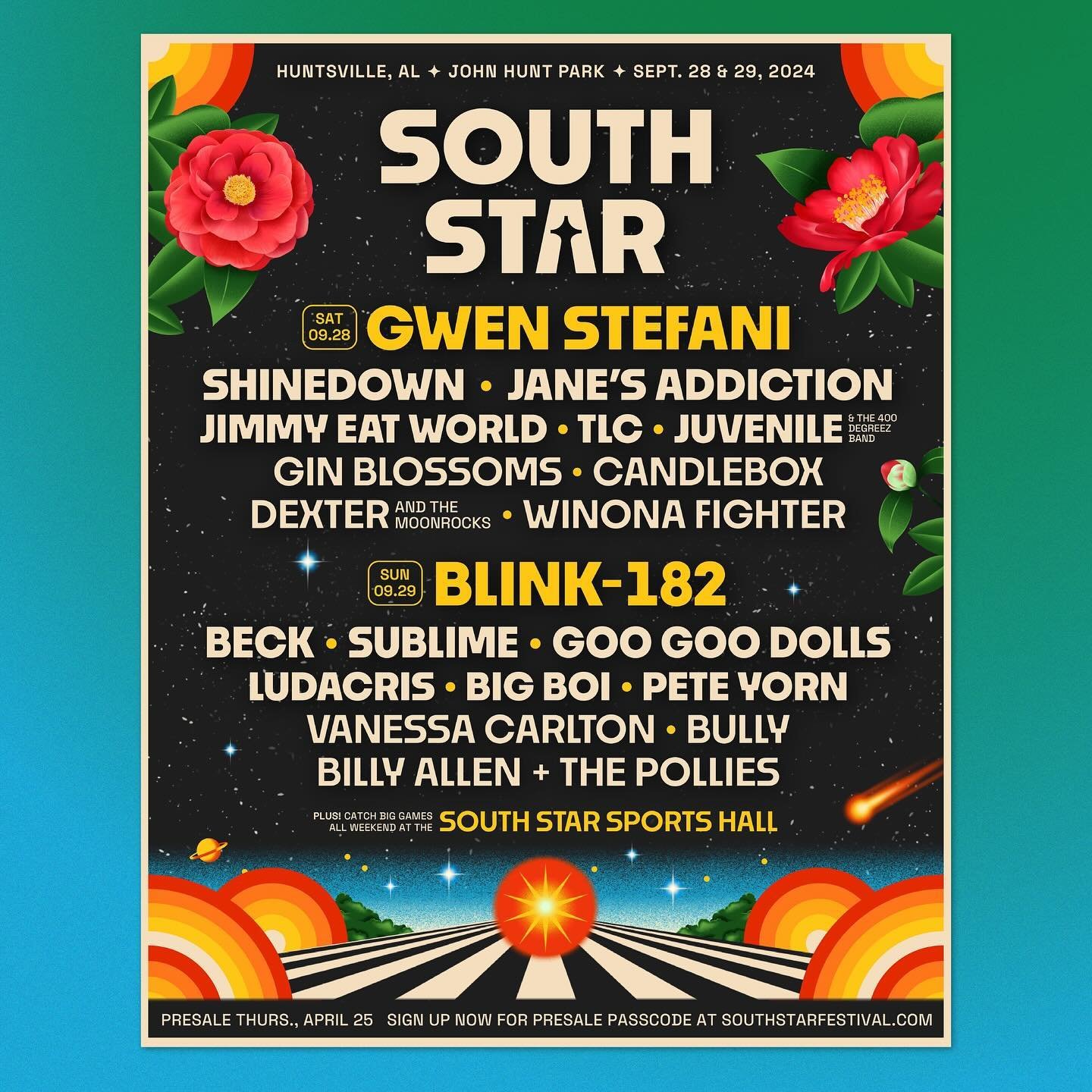 Today, @southstarfest announced their first ever lineup with @gwenstefani and @blink182 as headliners🚀💫The inaugural festival will take place in Huntsville, AL on September 28 &amp; 29, 2024.

Presale is this Thursday, April 25th from 10-10:40am CT