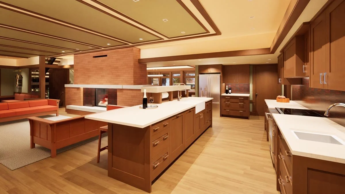  Rendering of an open kitchen with a long cherry-wood island, white quartz countertops, a farmhouse sink and a brick fireplace facing the living room. 