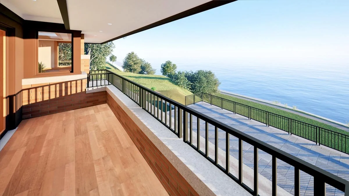  Rendering of a second-floor balcony with wood decking, a brick parapet and a black metal railing, overlooking a stone terrace and Lake Michigan. 