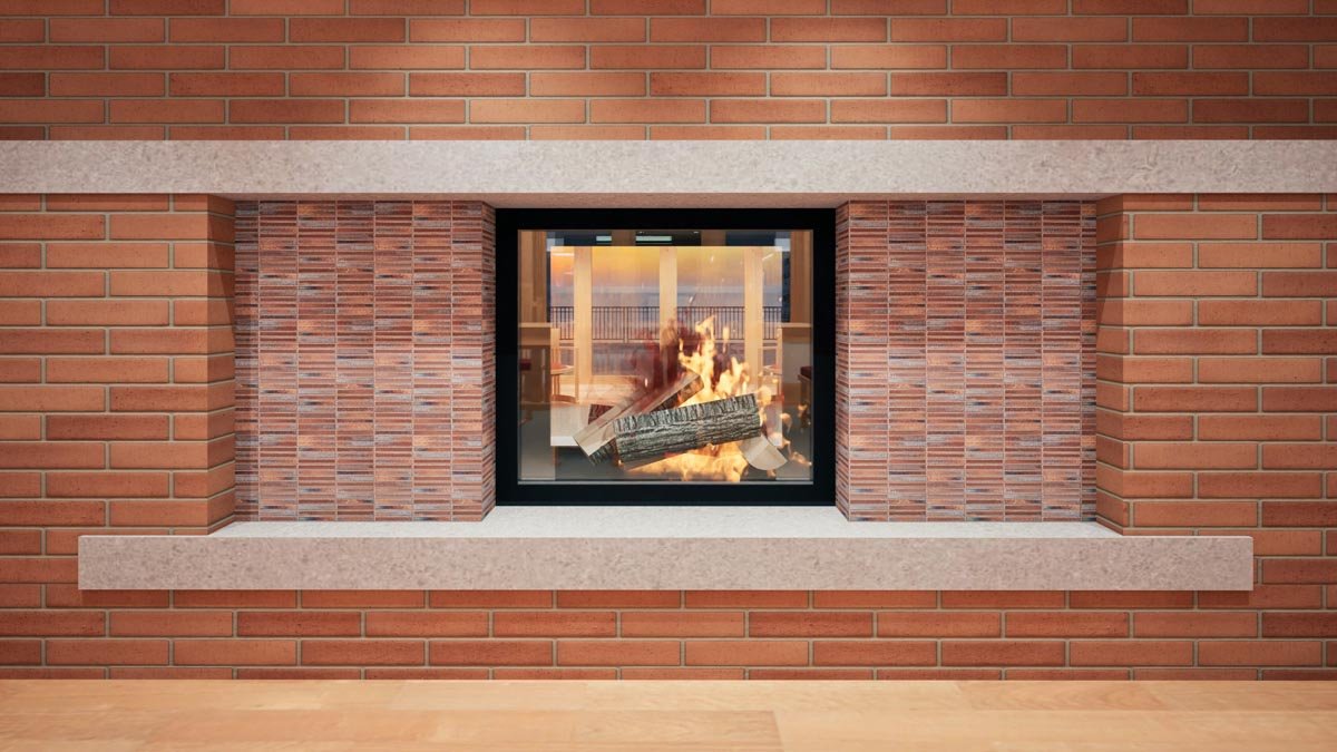  Rendering of a see-through fireplace set in orange brick with a stone mantel and hearth, framed by darker vertical brick panels. 