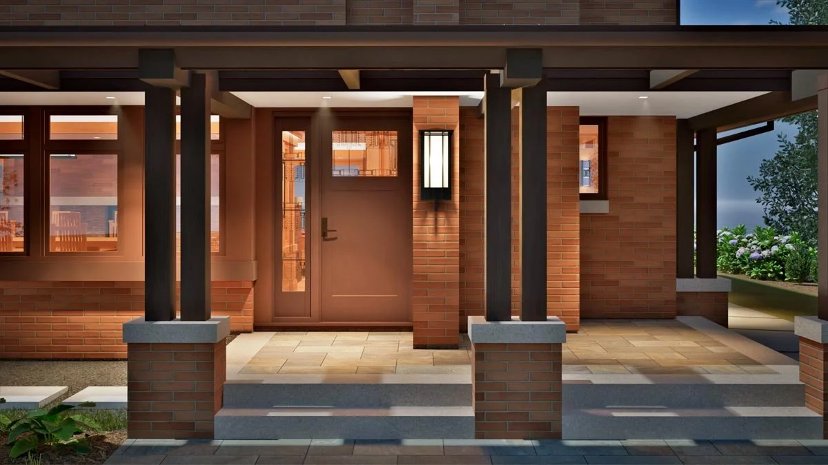  Evening rendering of a covered front porch with dark timber posts on brick piers, a stone floor, a wall lantern and a wood front door with a glass sidelight. 