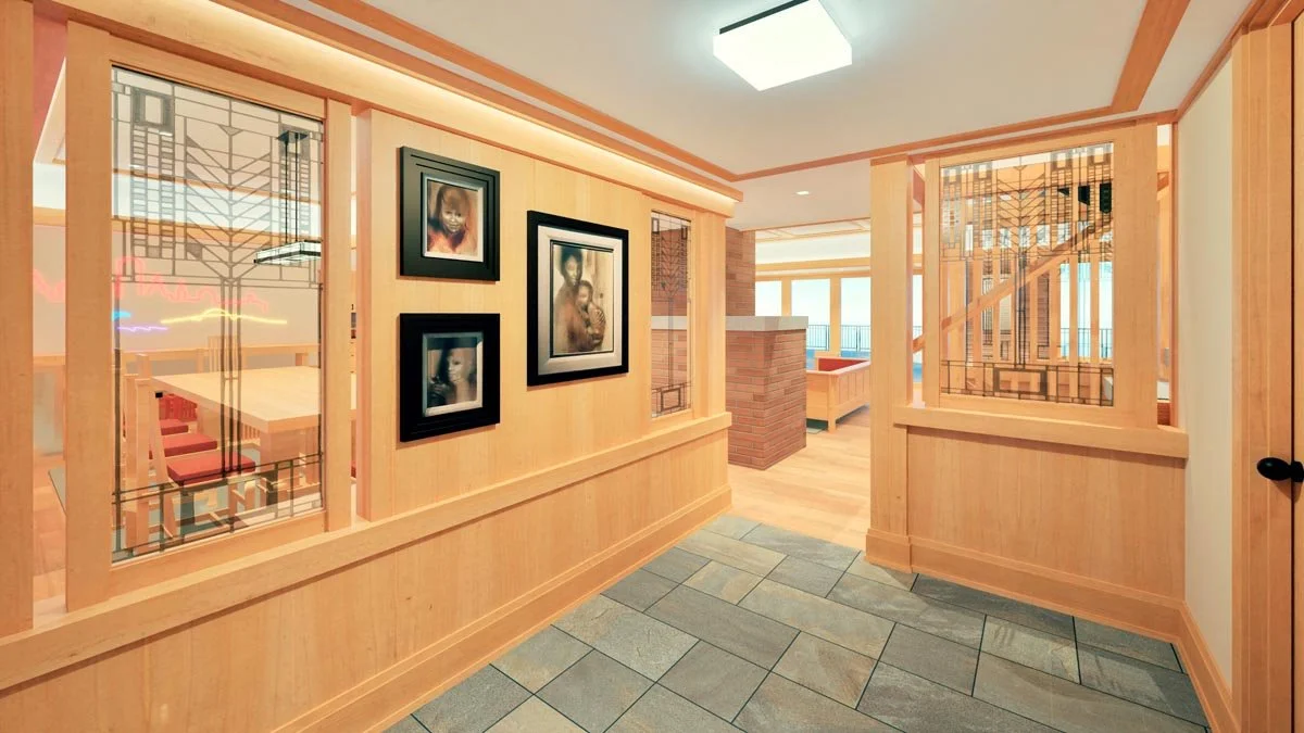  Rendering of a foyer with maple wall paneling, framed portraits, stone tile floor and art glass screens looking into the dining and living areas. 