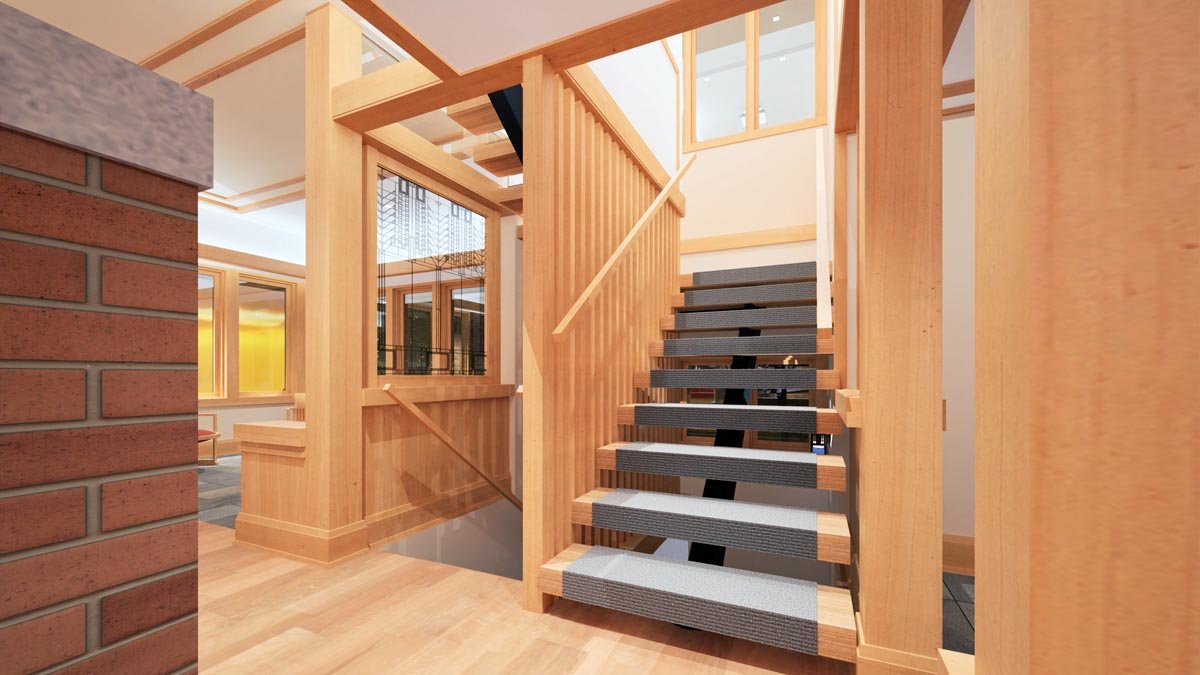  Rendering of an open staircase with wood stringers, carpeted treads and vertical wood balusters, next to a brick column and art glass window. 