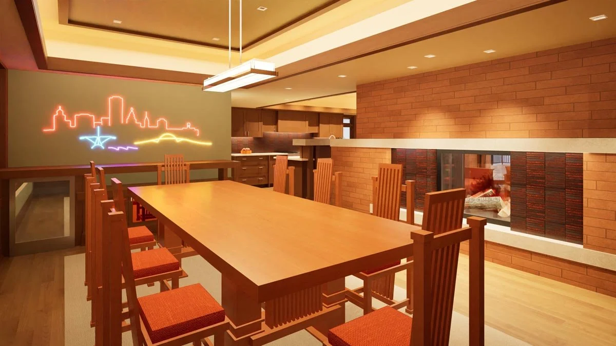  Rendering of a dining room with a long wood table, high-back slatted chairs with orange cushions, a neon city-skyline wall art piece and a see-through fireplace. 
