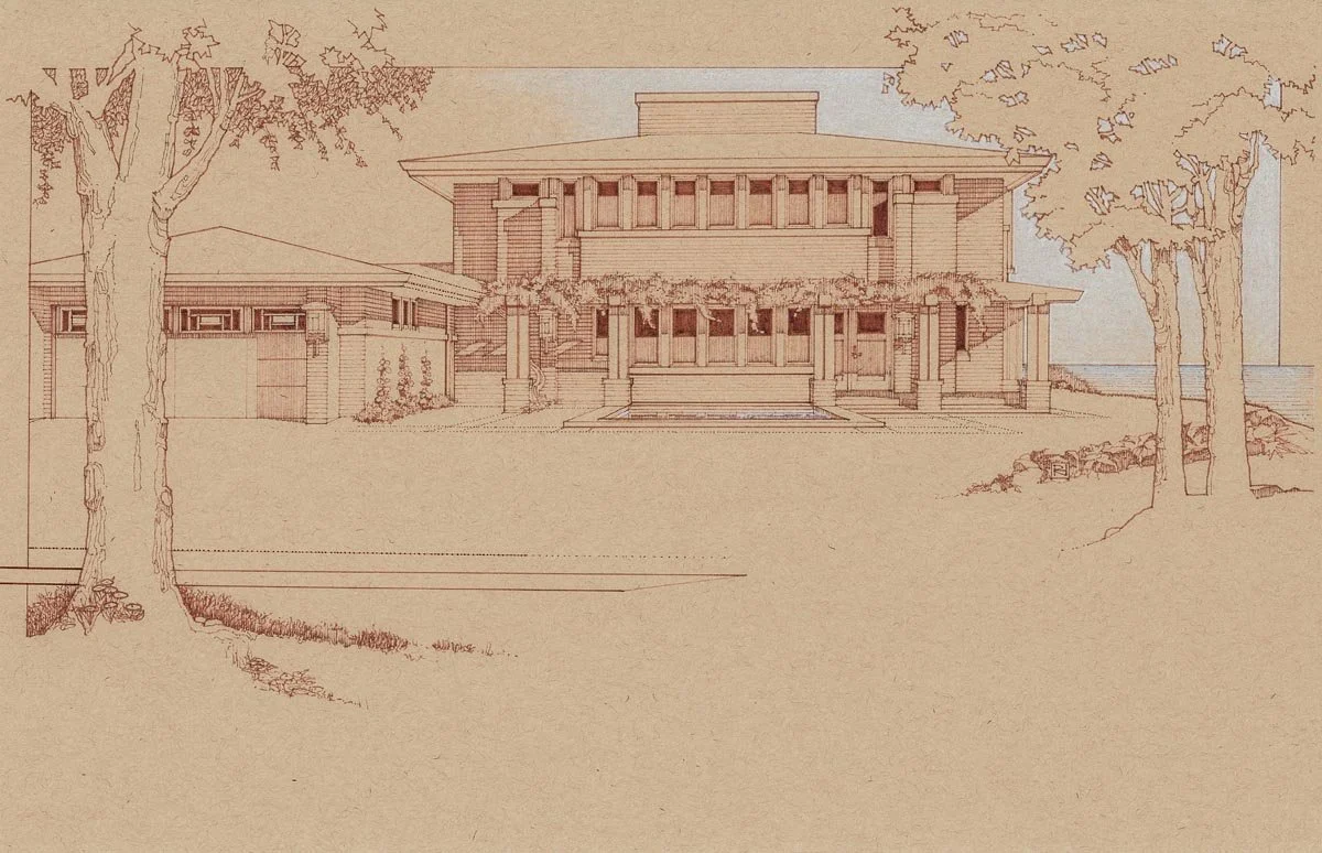  Hand-drawn pen-and-ink street view of a Prairie-style home and garage on tan paper, framed by trees, with a vine-covered porch and the lake beyond. 