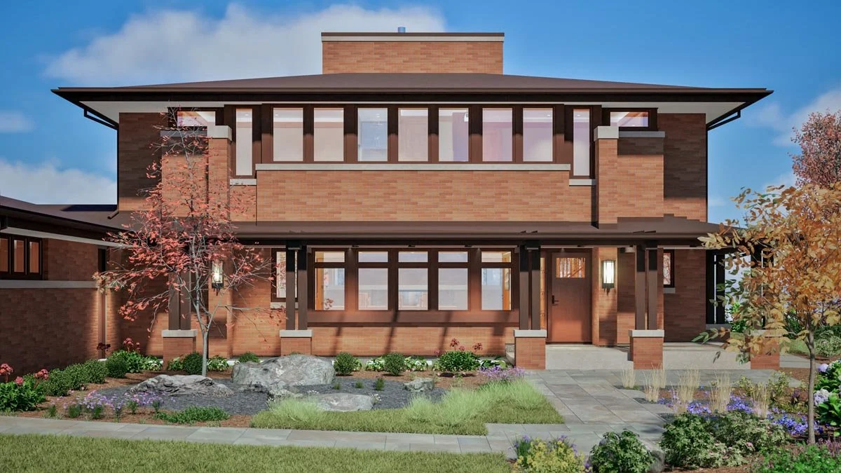  Rendering of the front of a two-story Prairie-style brick home in autumn, with a low hipped roof, deep eaves, a band of windows and landscaped gardens. 