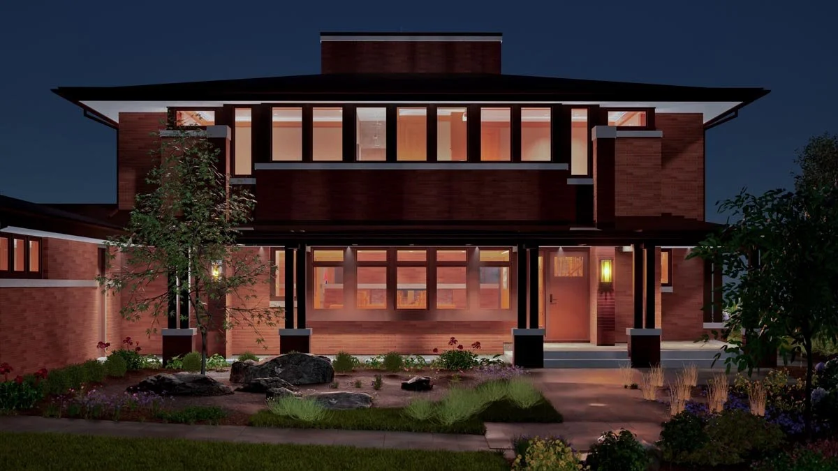  Night rendering of a two-story Prairie-style brick home with warmly lit windows, a covered front porch and landscaped rock gardens. 
