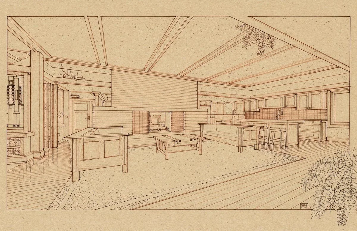  Hand-drawn pen-and-ink sketch of an open living room with Mission-style furniture, a central fireplace, a beamed ceiling and a kitchen beyond. 
