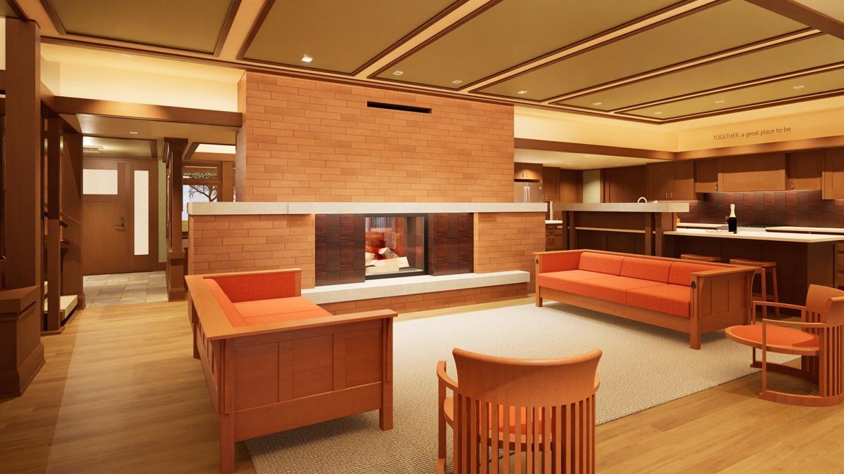  Rendering of a living room with orange-cushioned Mission-style sofas, barrel chairs, a two-sided brick fireplace and a coffered ceiling, with the kitchen beyond. 