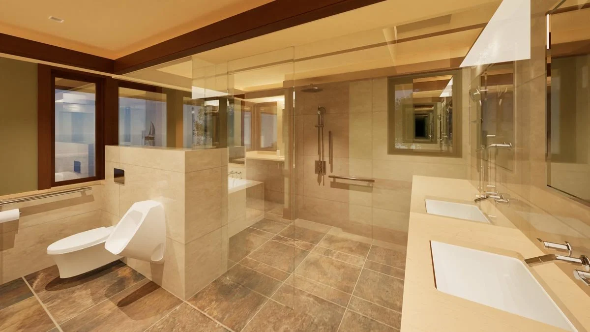  Rendering of a primary bathroom with a frameless glass walk-in shower, double vanity, wall-hung toilet and urinal, and warm stone tile. 