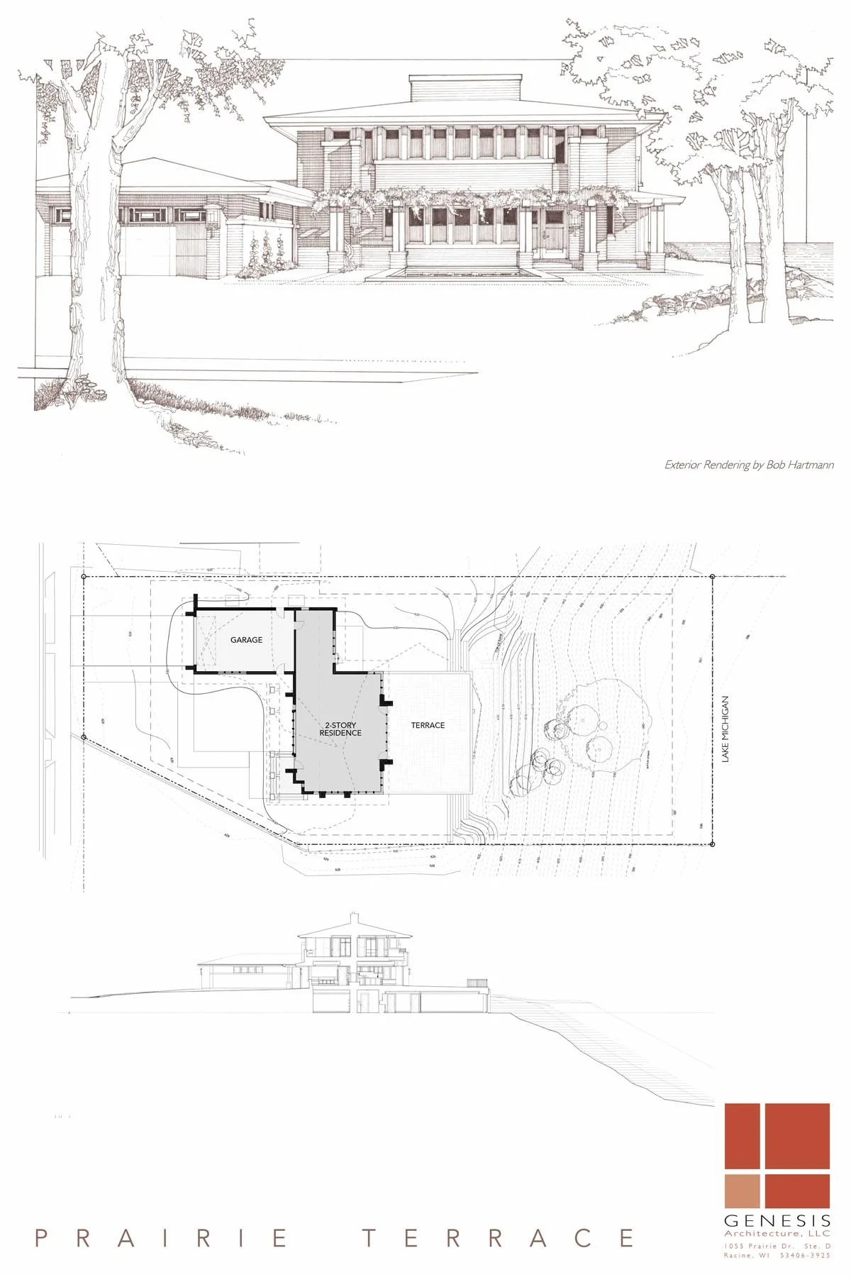  Prairie Terrace presentation board by Genesis Architecture showing an exterior sketch, a site plan with garage, residence and terrace on Lake Michigan, and a side elevation. 