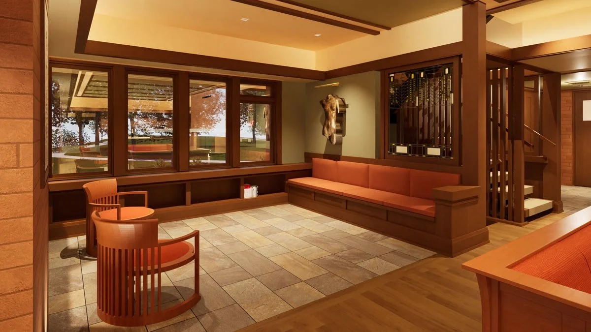  Rendering of a sun room with a built-in orange-cushioned bench, barrel chairs, stone tile floor, a wall of windows and an art glass panel. 