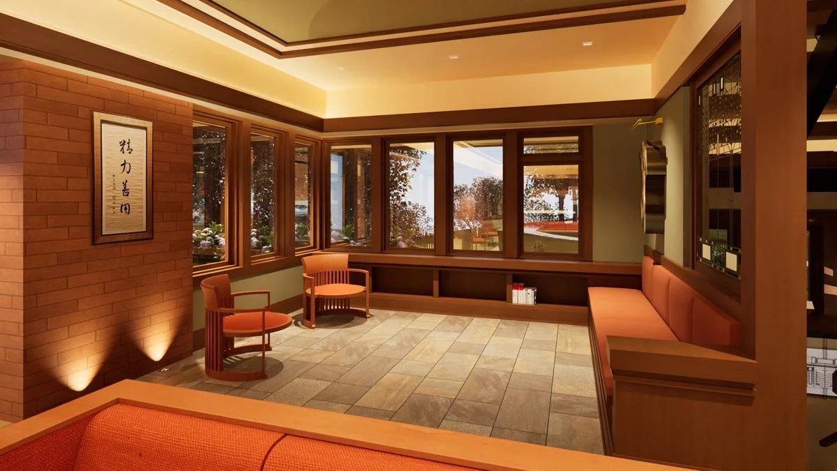  Rendering of a sun room with barrel chairs, a built-in bench, a framed calligraphy scroll on a brick wall and windows looking out to a garden. 