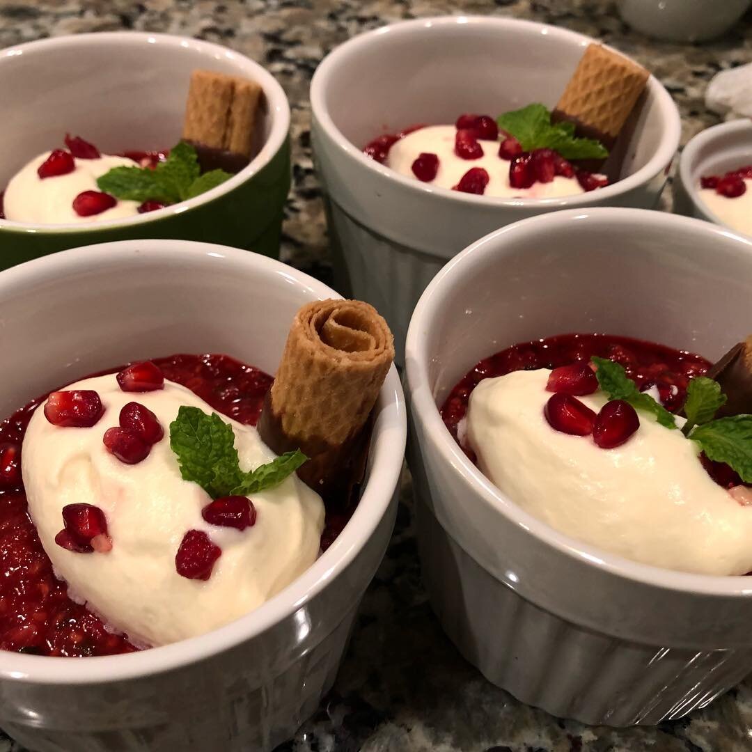 Chocolate mousse with raspberry compote, whipped cream, marinated pomegranate, mint, chocolate dipped wafer. #atlantauspca #personalchef #personalchefservices