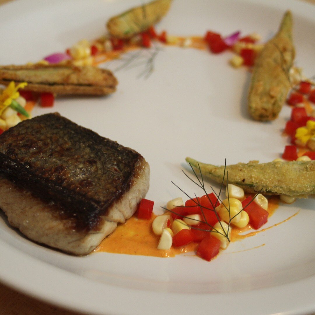 Sustainable Blue Fish with Pepper Puree, Corn and Pepper Salad, Fennel Fronds and Flowers #atlantauspca