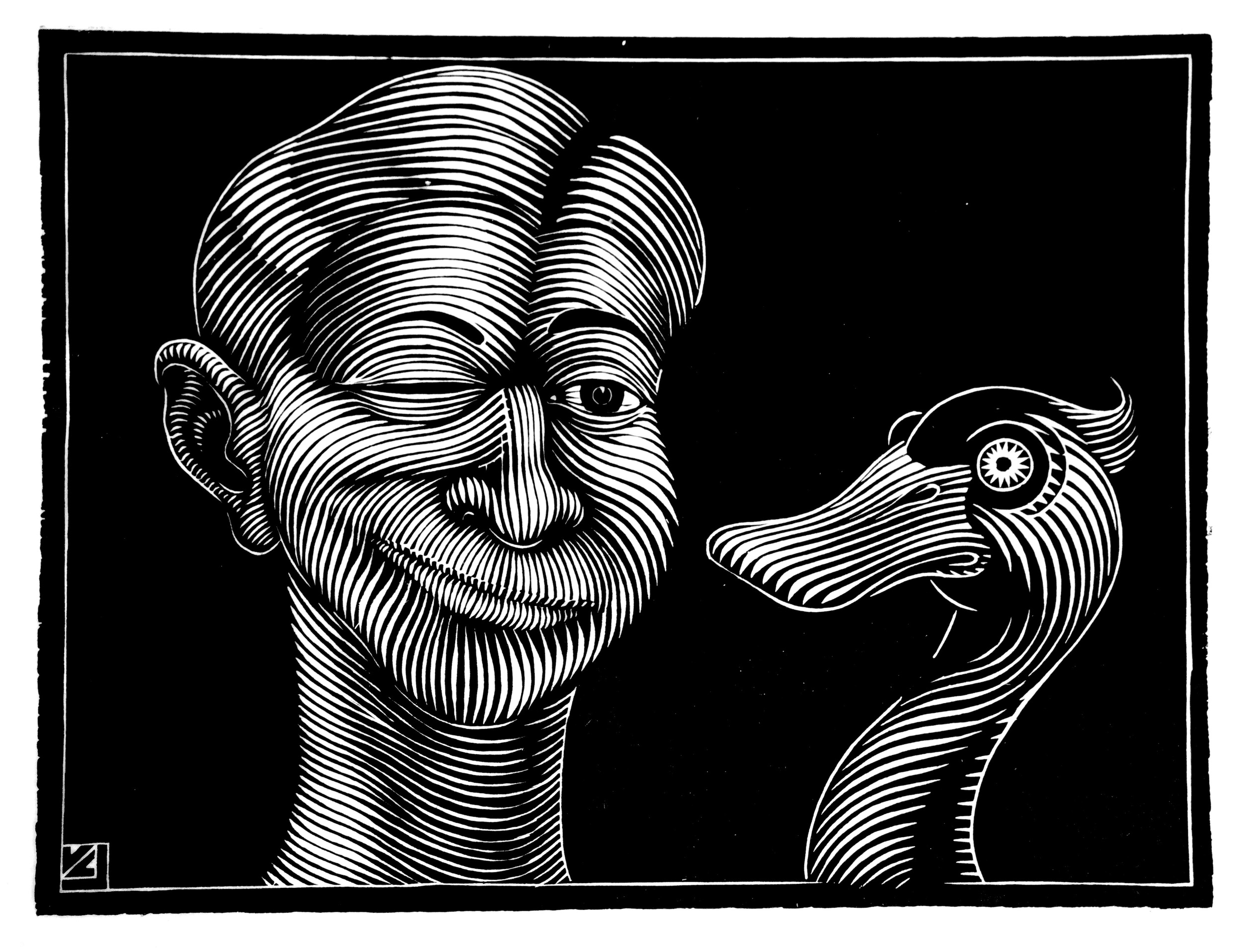"Man and Duck" by Vernon Courtlandt Johnson. © 1989 VCJ. All rights reserved.