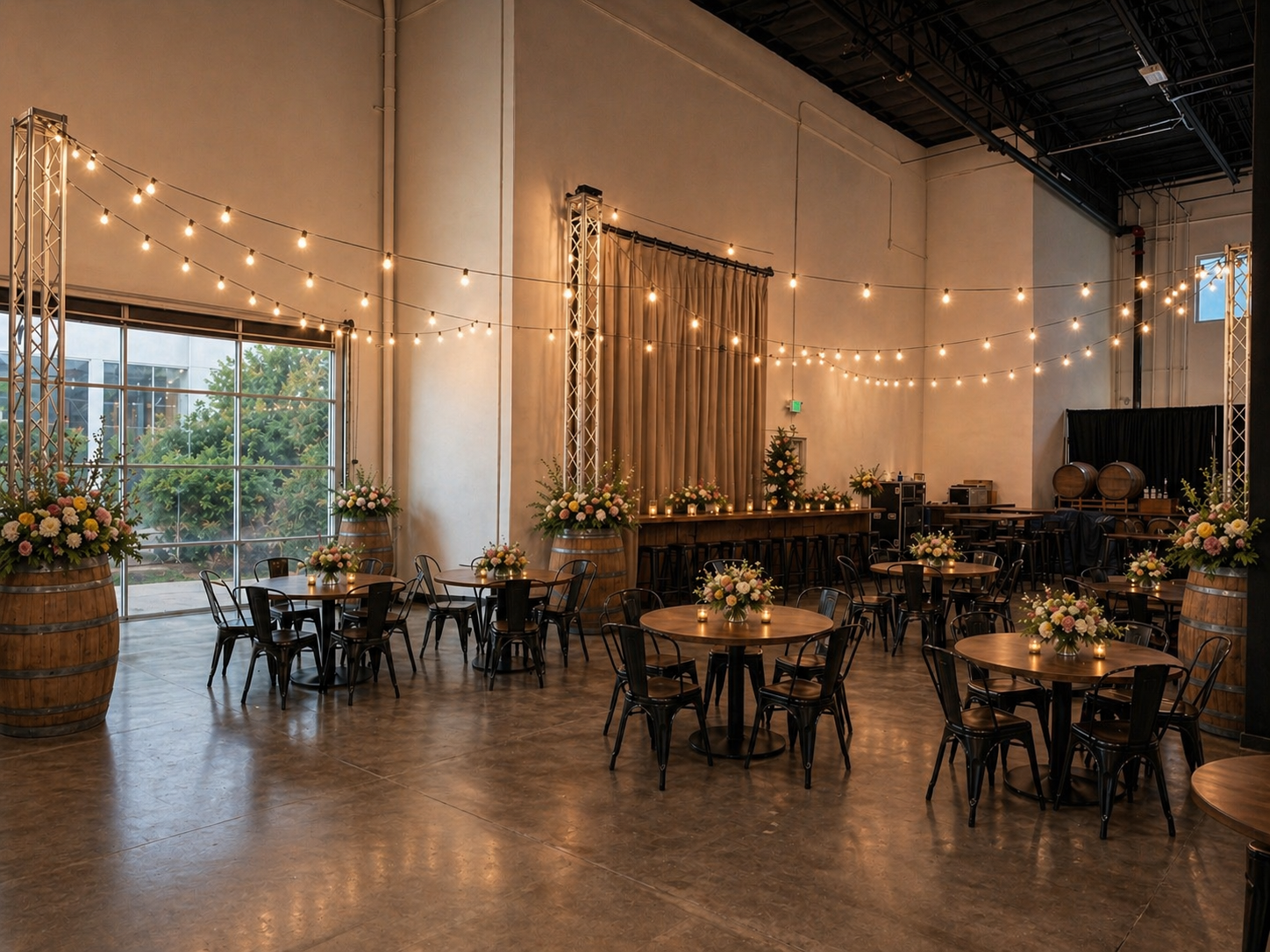 Wedding or event venue decorated with string lights, flower arrangements in large barrels, and candles, with round tables and black chairs.