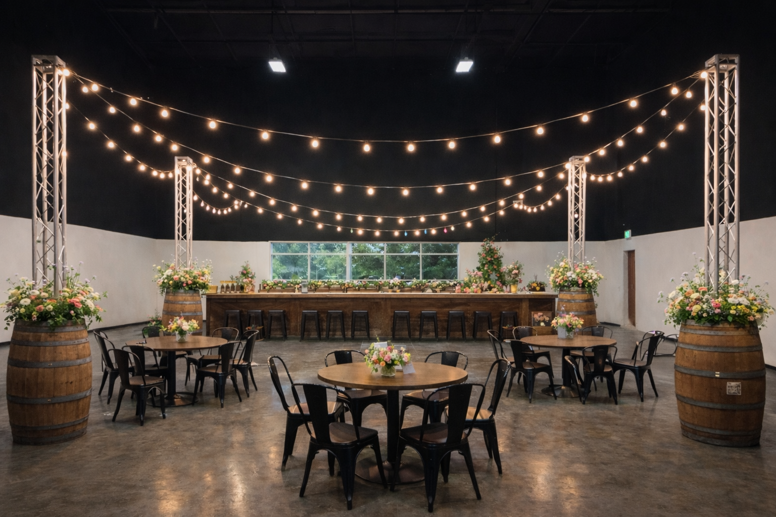 Indoor event space decorated with string lights, wooden barrels with flower arrangements, round tables with floral centerpieces, and a long bar counter against a large window.