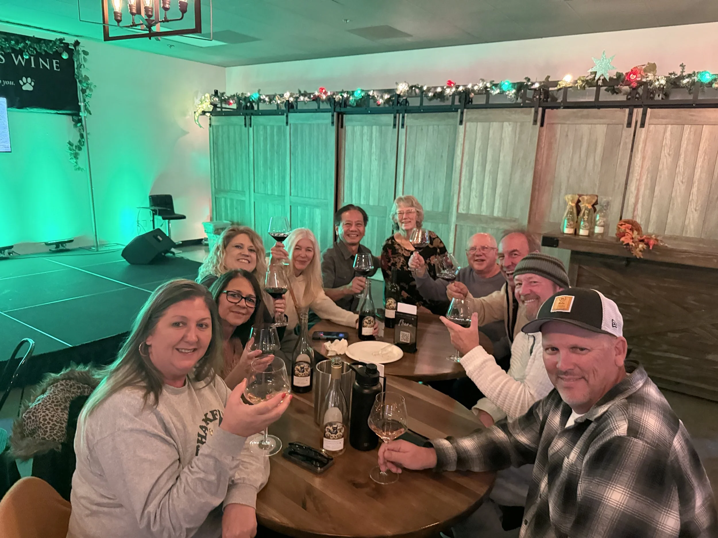 Group of people sitting around a table, holding wine glasses, celebrating at a festive gathering in a decorated indoor space.