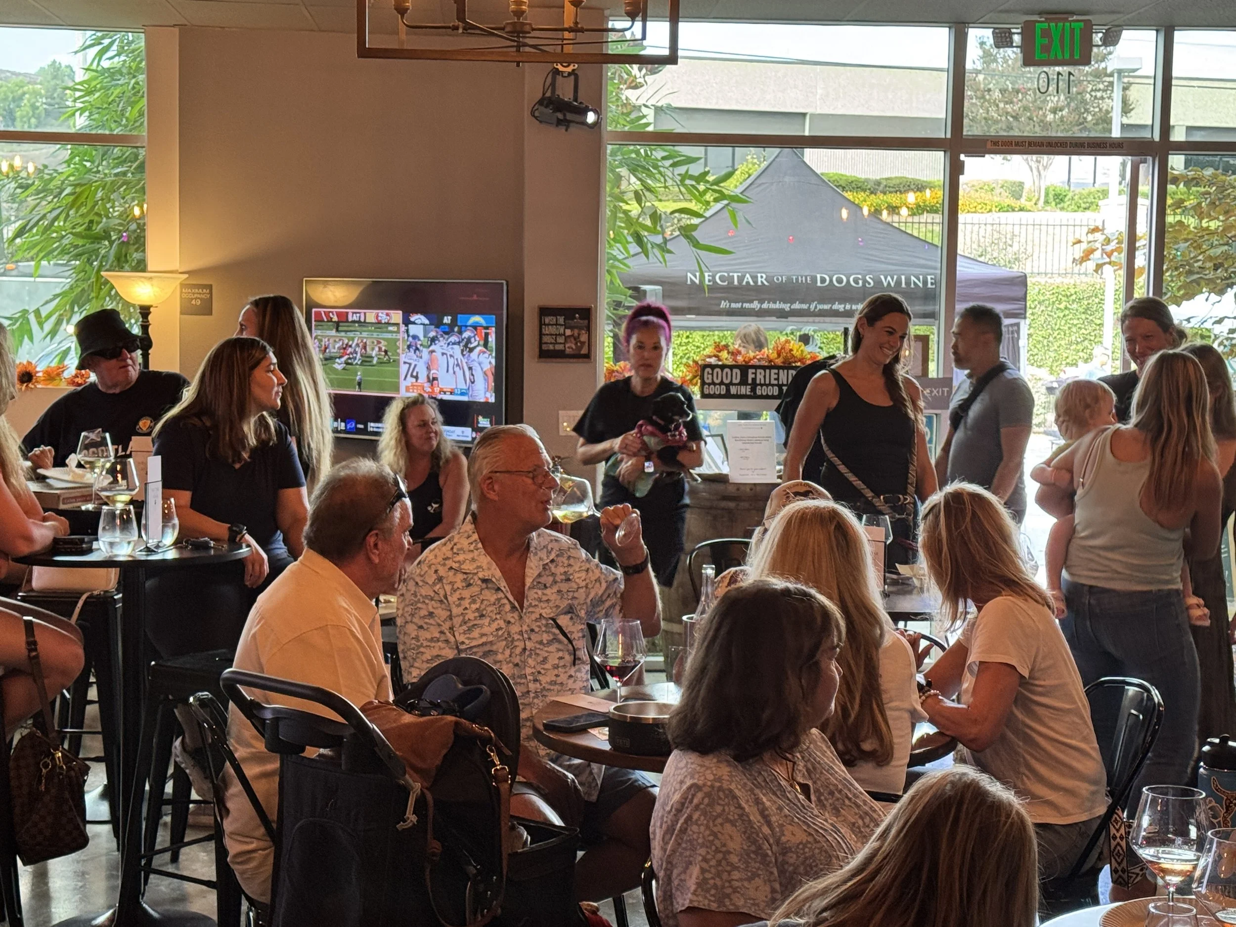 People gathered inside a wine tasting room, some sitting at tables and others standing near the entrance, with a large window showing outdoor greenery and signs for 'Nectar of the Dogs Wine' and 'Good Friends'.