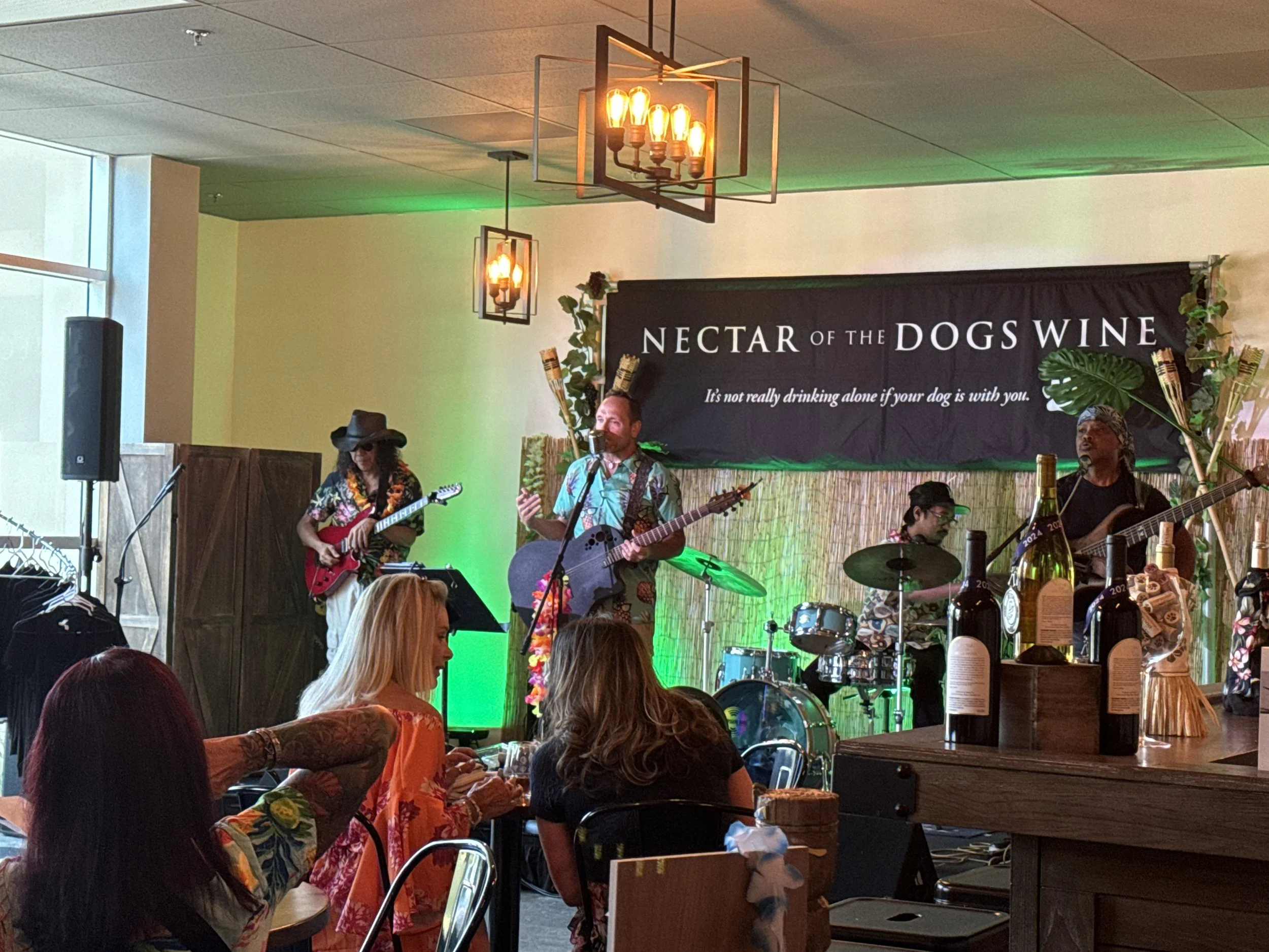 Live band performing on stage at a venue called 'Nectar of the Dogs Wine' with a banner that says 'It's not really drinking alone if your dog is with you,' while audience members watch and enjoy the show.