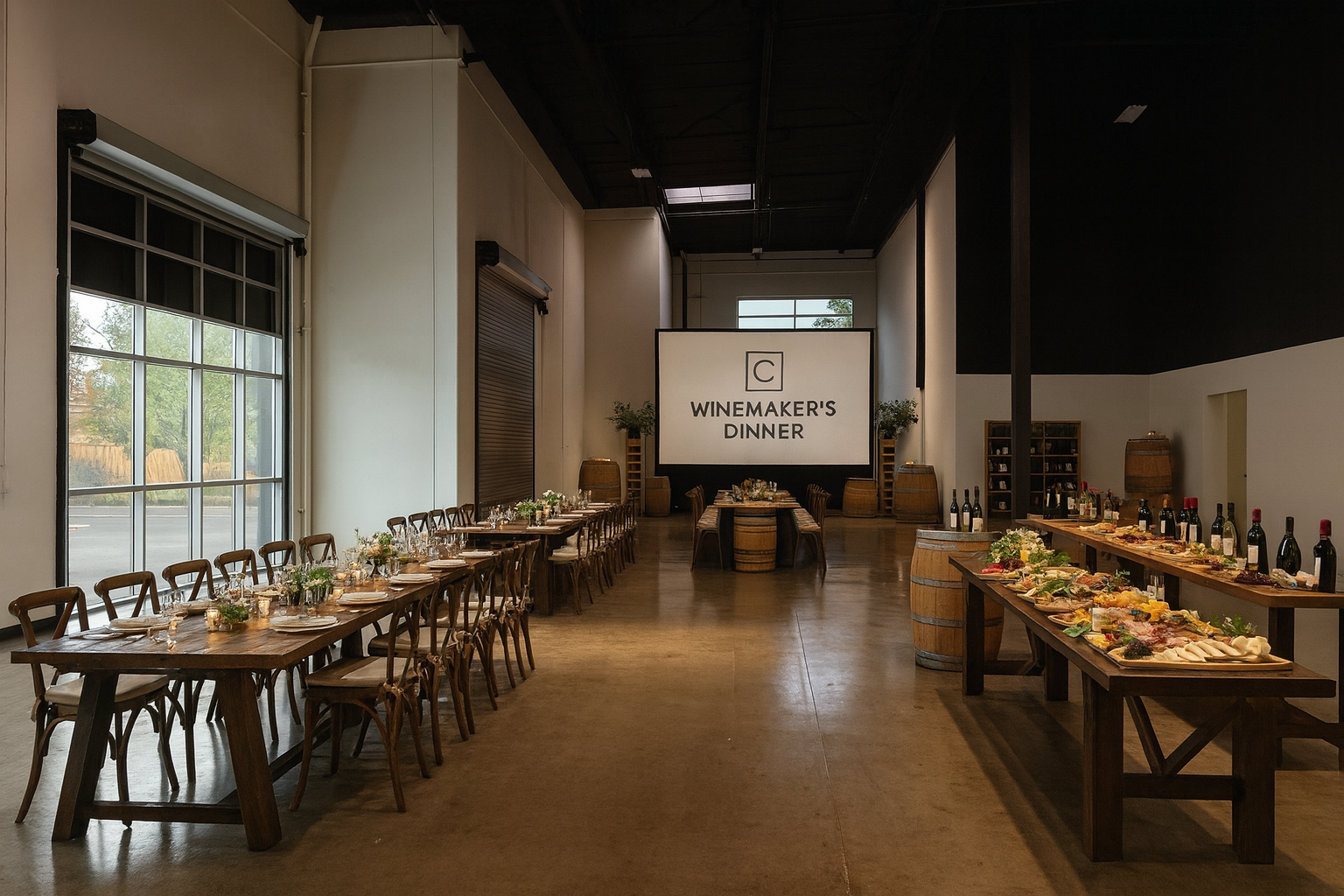 Indoor event space with long wooden tables, decorated for a dinner, featuring wine bottles, food platters, and floral centerpieces, with a screen displaying 'WINEMAKER'S DINNER' and barrels decorating the room.