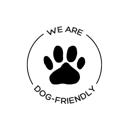 Circular logo with a black paw print in the center, surrounded by the text 'WE ARE DOG-FRIENDLY'.