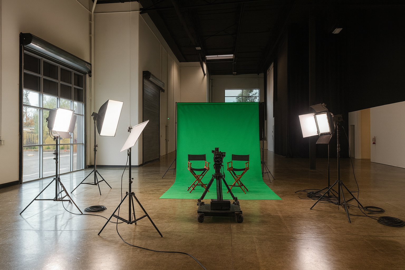 Video production studio with a green screen backdrop, two director chairs, a camera on a dolly, and multiple studio lights.
