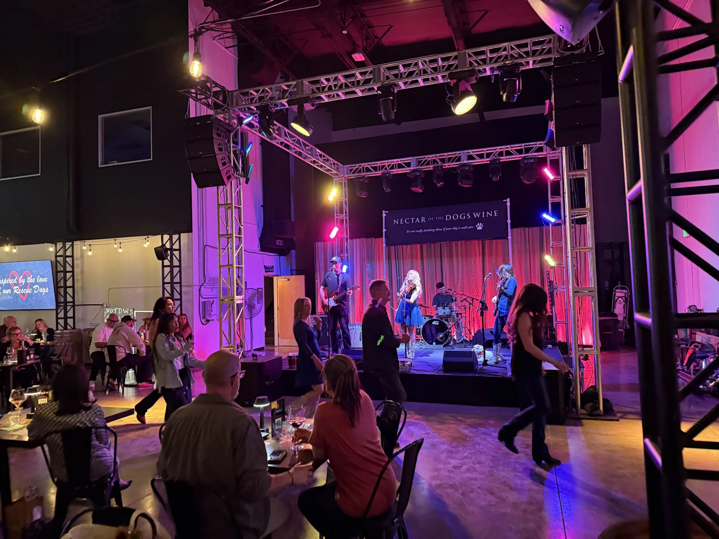 An indoor event space with a stage where a band is performing under colorful stage lights. There are tables with seated guests, some standing and socializing, with a pinkish-purple hue lighting the scene and a banner reading 'NECTAR OF THE DOGS WINE' in the background.