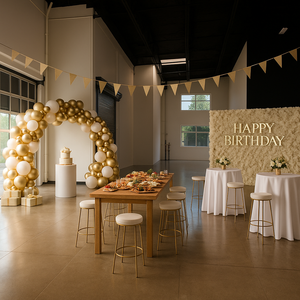 An indoor birthday celebration setup with a gold and white balloon arch, a two-tiered cake on a white podium, and a large floral backdrop with a "HAPPY BIRTHDAY" sign. There are additional round tables with white tablecloths and small flower arrangements, and a wooden table with snacks and pizza. Gold and white bunting is strung across the ceiling.