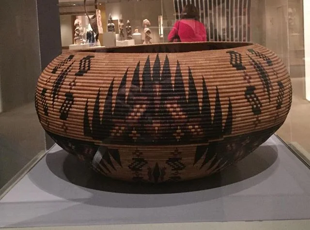 Sedge, redbud, bracken fern root, and willow were used in this extraordinary basket made by Carrie Bethel ca1929