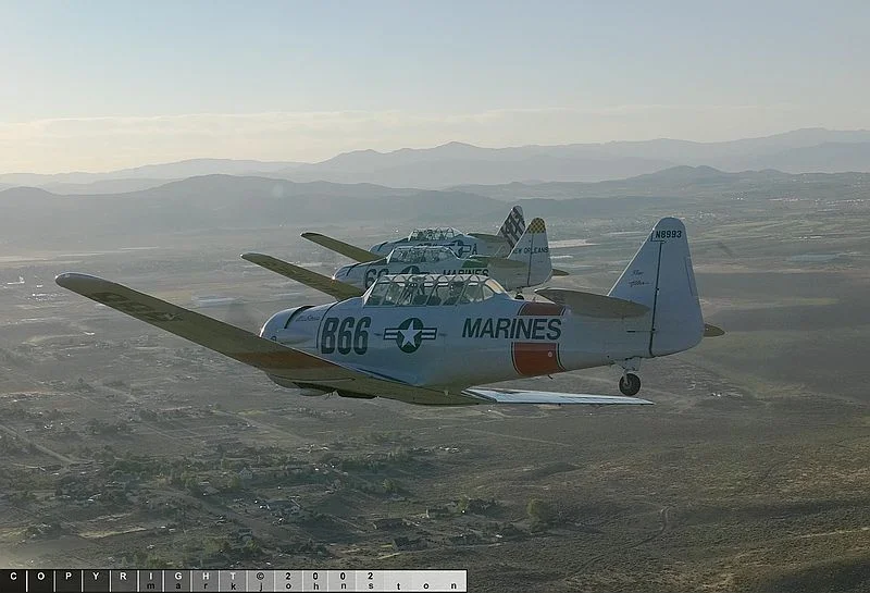 In the air with a group of T-6 "Texans" on the way back to the barn after an early morning fly-over of Reno to promote the Air Races.
