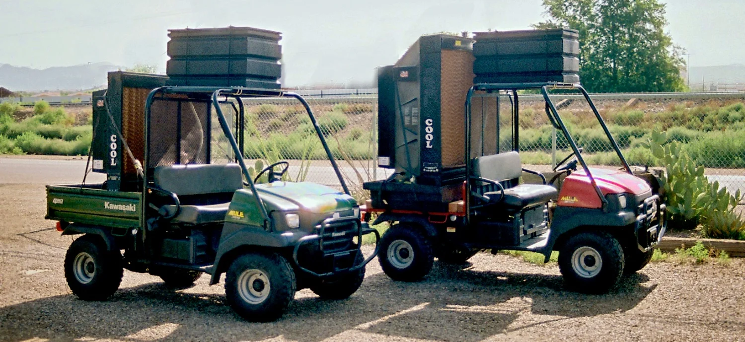 Mobile Cooling, air conditioners. Mobile outdoor/indoor pocket coolers on all terrain mules, "Cool Mules". "Comfort Station" seats 12. Trailer Mobile Air Conditioners pipe cool air indoors. Call Wayne Elliott for details (505) 328-0909. ElliottLocationEquipment.com