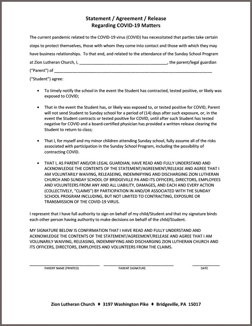SUNDAY SCHOOL Download COVID 19 Health And Safety Form Release Form 