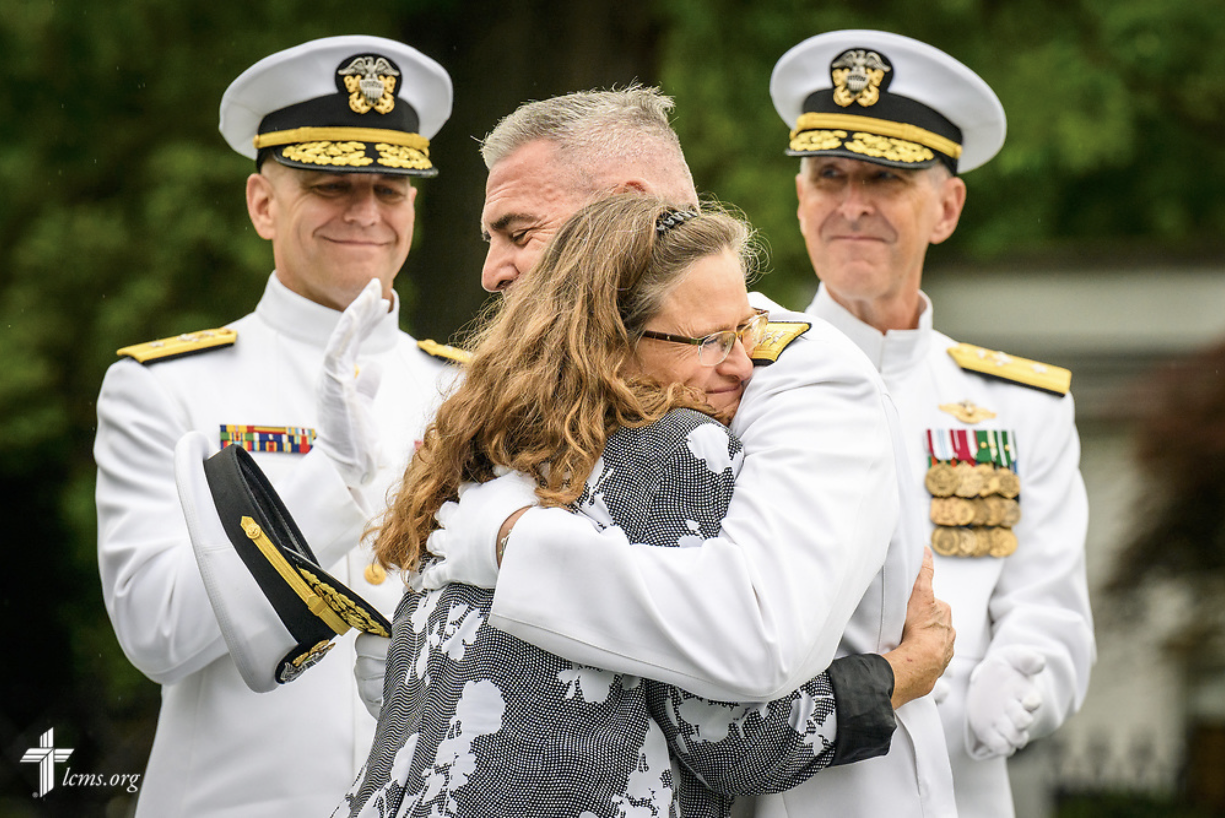   Chaplain Gregory N. Todd promoted to Chief of Chaplains, United States Navy, at Washington Navy Yard, Washington, D.C.  Teresa Todd hugs her husband, Chaplain Gregory N. Todd, after she attached shoulder boards to his uniform at the Chief of Chapla