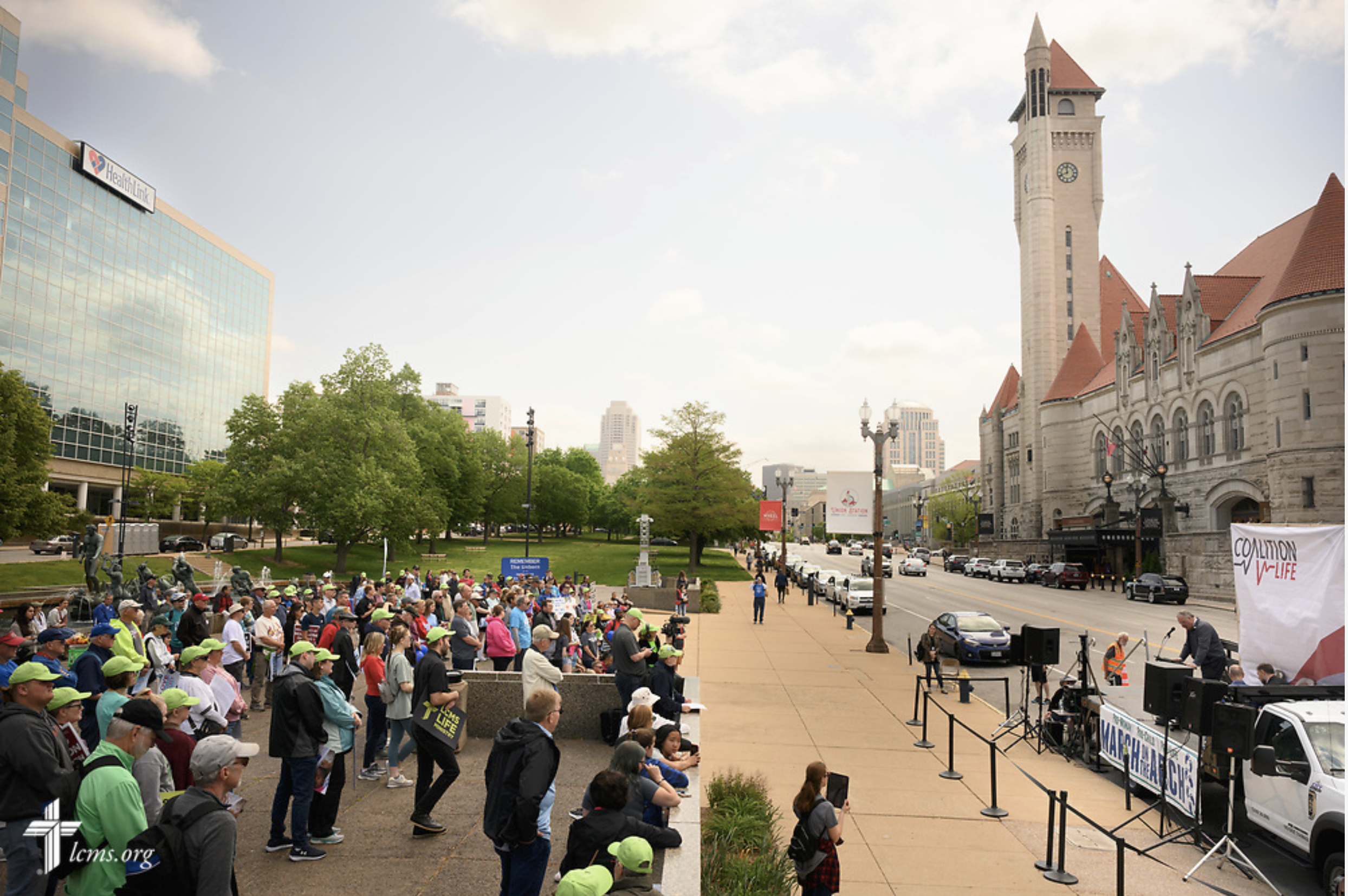  The Rev. Dr. Matthew C. Harrison, president of the LCMS, addresses attendees at the March on the Arch on Saturday, April 29, 2023, in St. Louis.   LCMS Communications/Erik M. Lunsford  