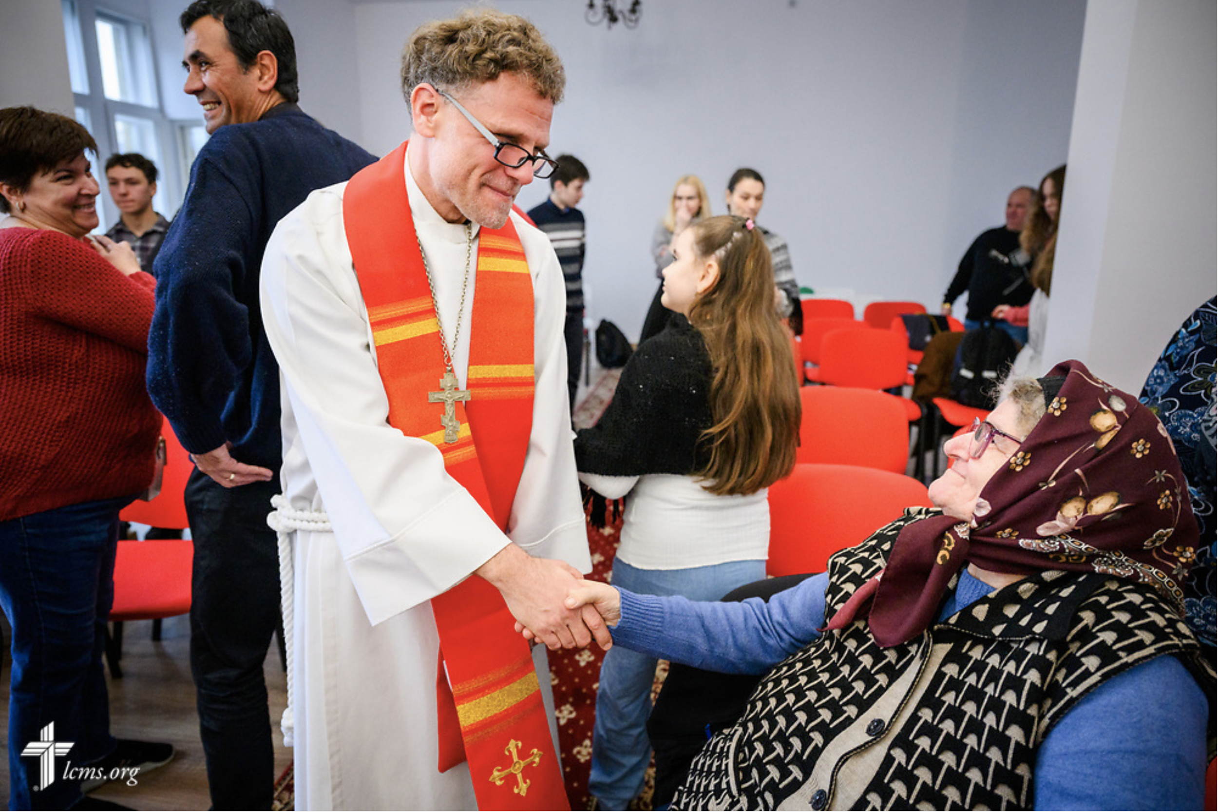 The Rev. Dr. David Preus, LCMS missionary, greets attendees following Divine Service at the Confessional Lutheran Church in Romania (Biserica Lutherană Confesională din România) St. Mary's Lutheran Center on Sunday, Feb. 18, 2024, in Brașov, Romania