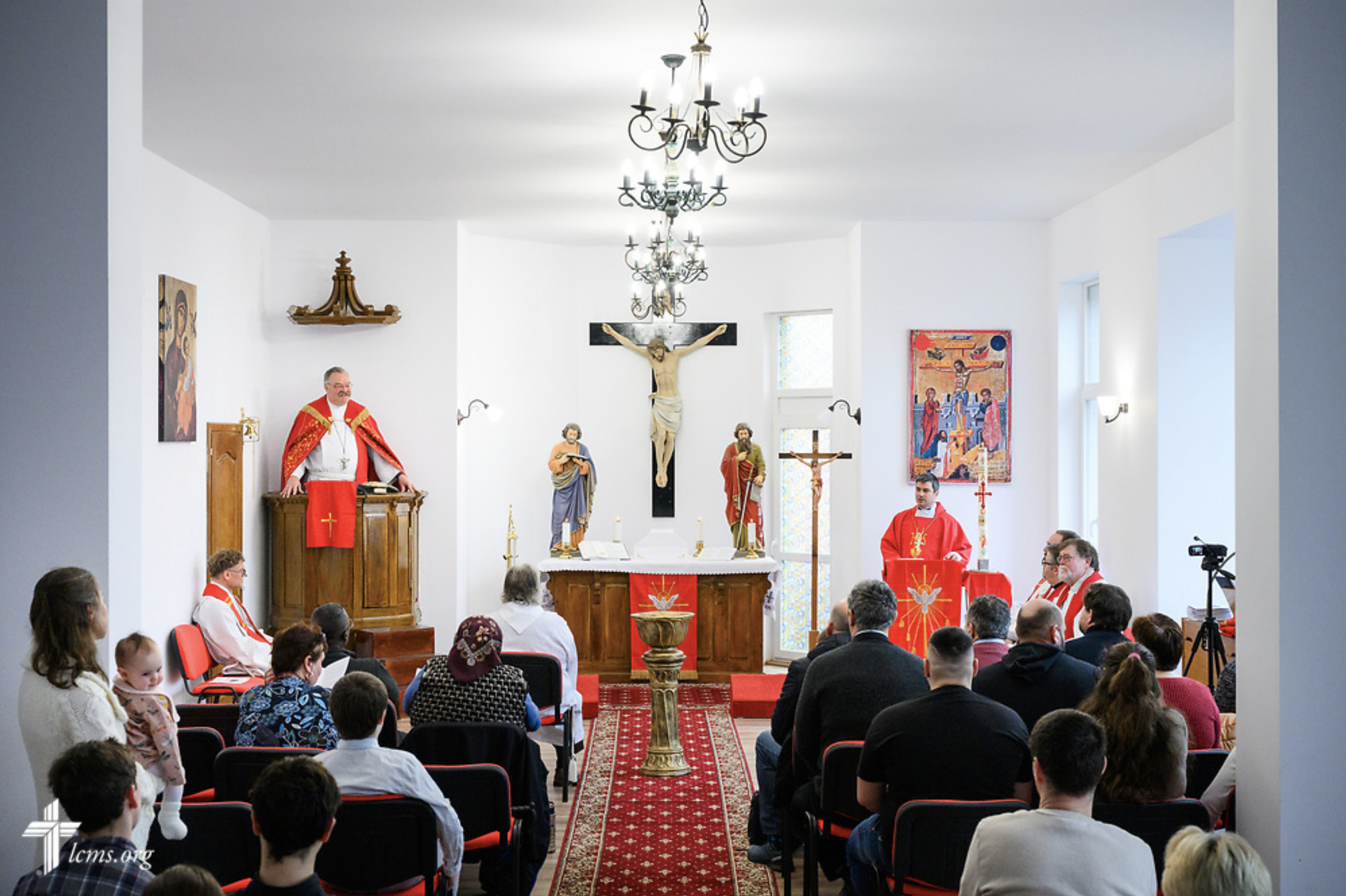  The Rev. Matthew C. Harrison, president of the LCMS, preaches during Divine Service at the Confessional Lutheran Church in Romania (Biserica Lutherană Confesională din România) St. Mary's Lutheran Center on Sunday, Feb. 18, 2024, in Brașov, Romania.
