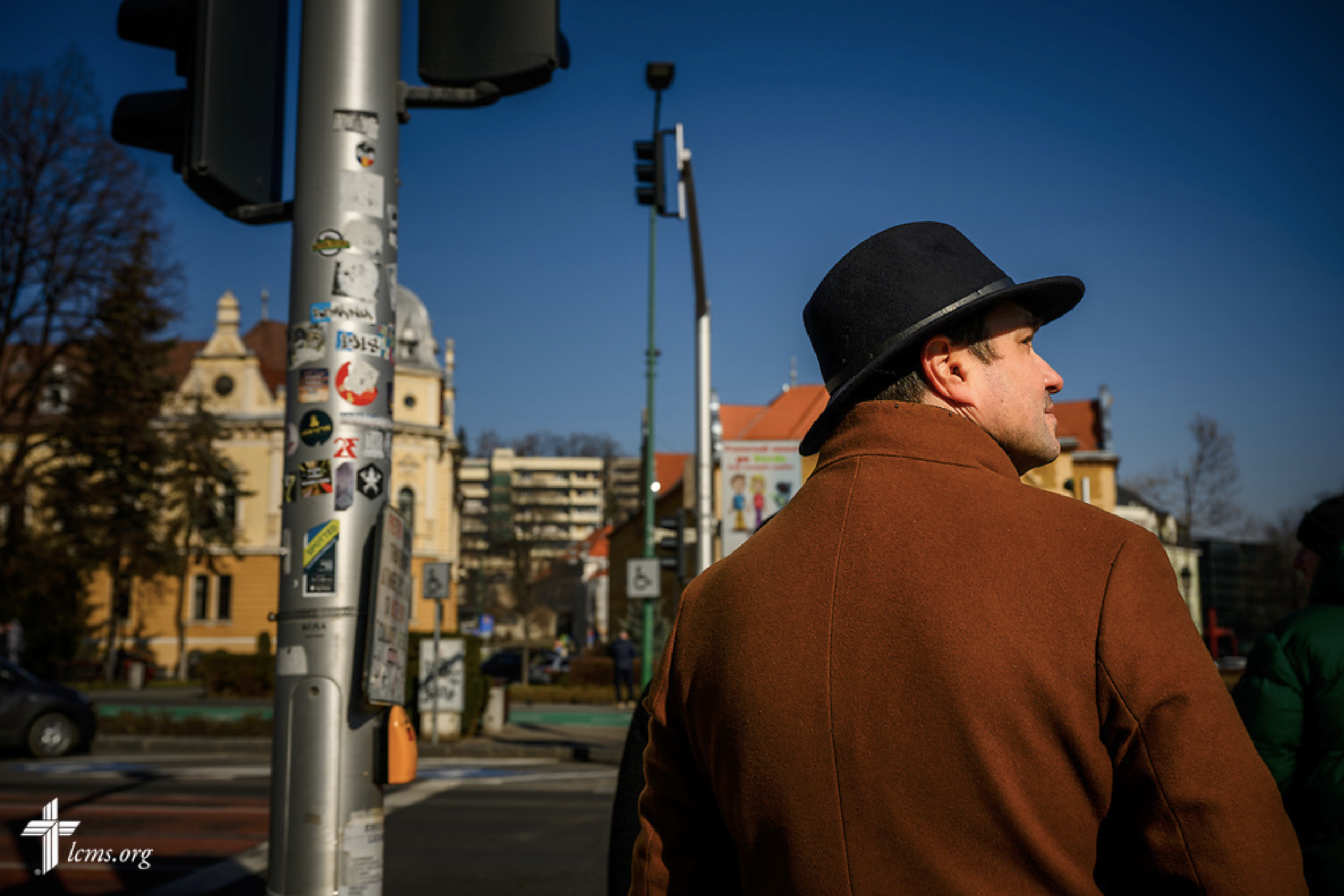  The Rev. Sorin Horia Trifa, LCMS alliance missionary and pastor in the Confessional Lutheran Church in Romania (Biserica Lutherană Confesională din România), walks to the St. Mary's Lutheran Center on Saturday, Feb. 17, 2024, in Brașov, Romania. LCM