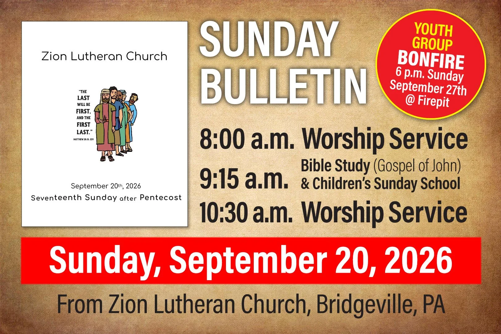 Bulletin for Sunday, September 20, 2026