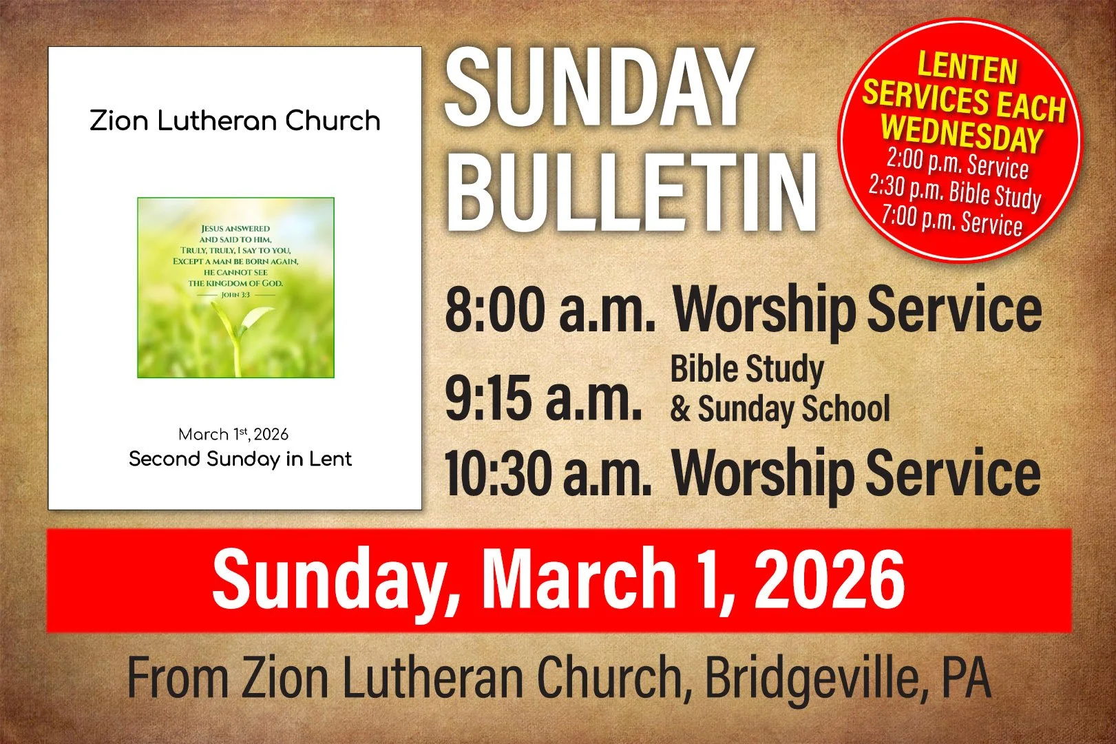 Bulletin for Sunday, March 1, 2026