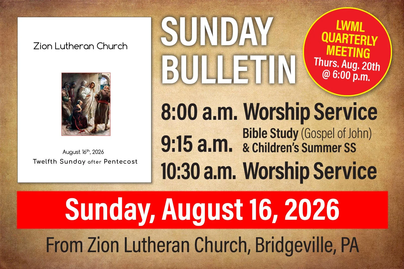 Bulletin for Sunday, August 16, 2026