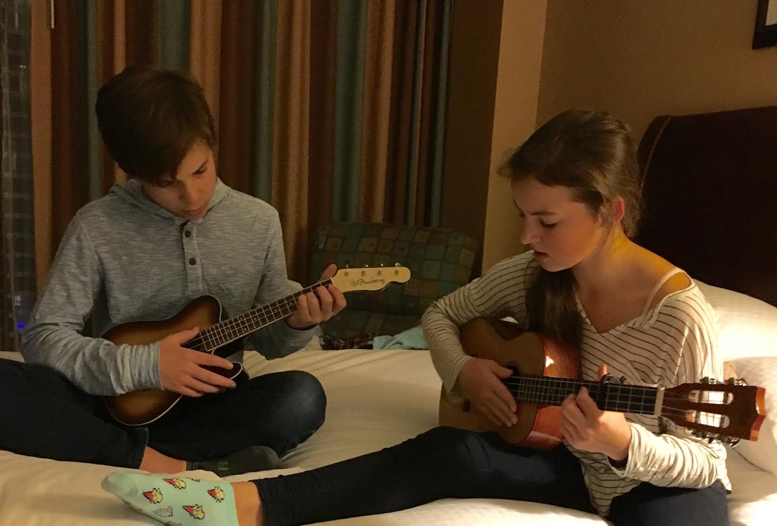 Practicing ukulele in the hotel