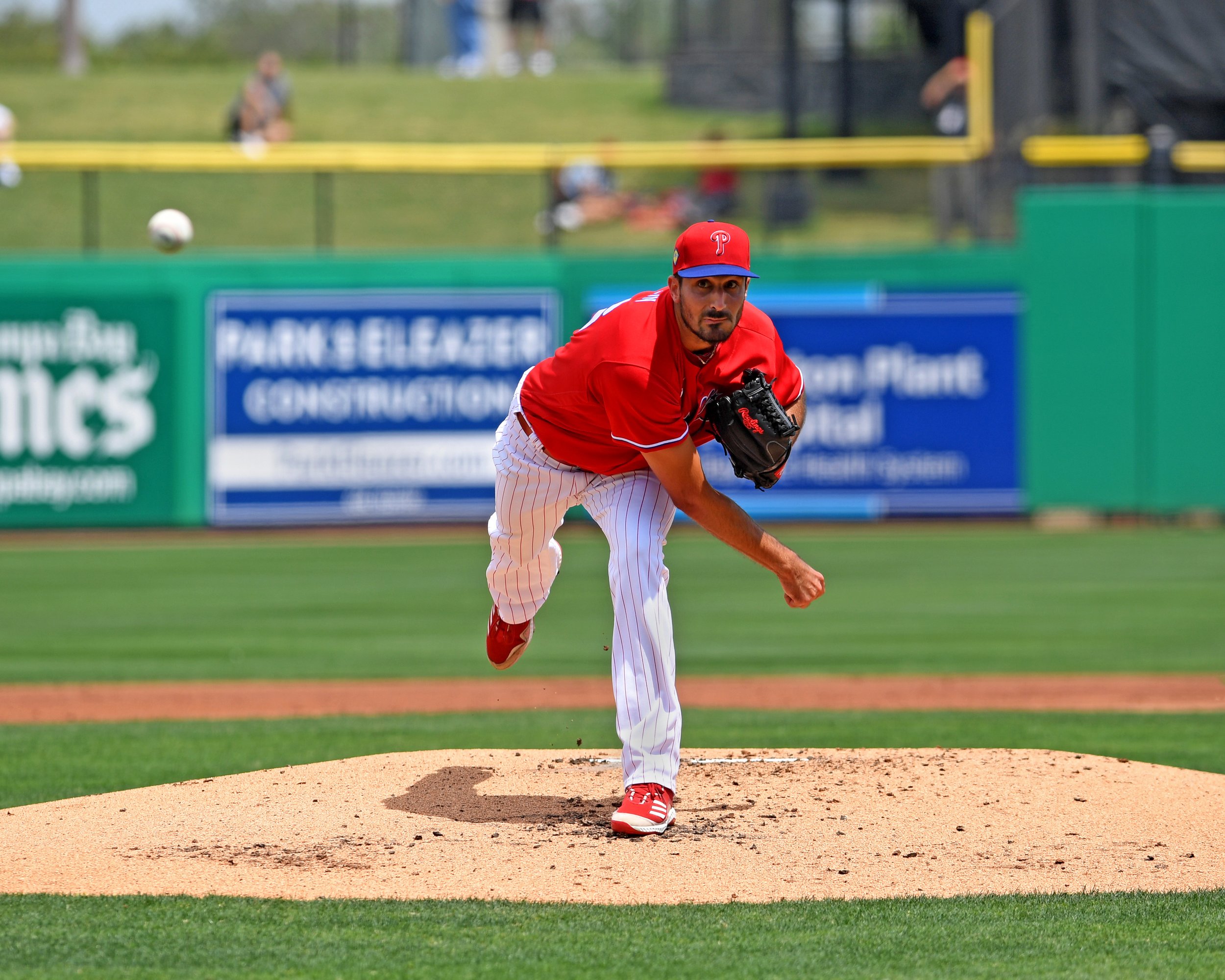  Arianna Bennett / Daily Sun - Philadelphia Phillies pitcher, Zach Eflin {cq}, throws a strike at the spring training baseball game against the New York Yankees on Thursday, March 31, 2022, at BayCare Ballpark.  