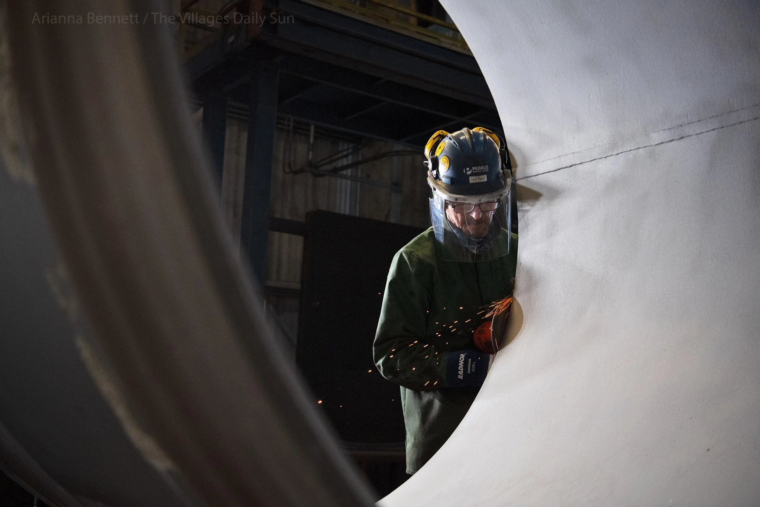  Arianna Bennett / Daily Sun - Troy Perry {cq} bevels a pipe on Tuesday, Jan. 24, 2023, at Primus Pipe & Tube in Wildwood. 